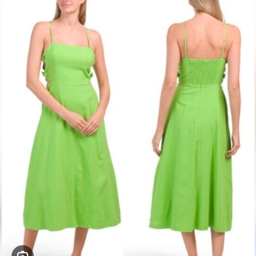 Wayf green linen blend bow cut out midi dress size L